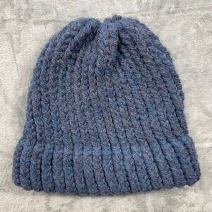 Handmade Chunky Knit Beanie Hat Blue Heathered Slouchy Winter Warm